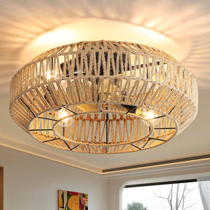 DICI MALL 22" Woven Rope Drum Shade Ceiling Fan with Light & Remote — Flush Mount for Low Ceilings